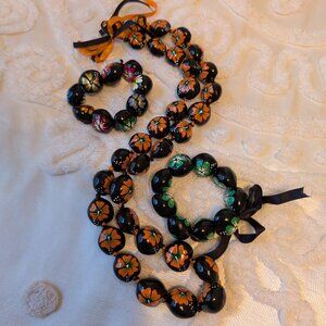 Kukui Nut Lei and 2 bracelets - orange necklace - rainbow & green bracelets EUC